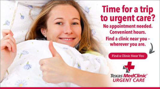 Girl who is feeling better with text: Time for a trip to urgent care?